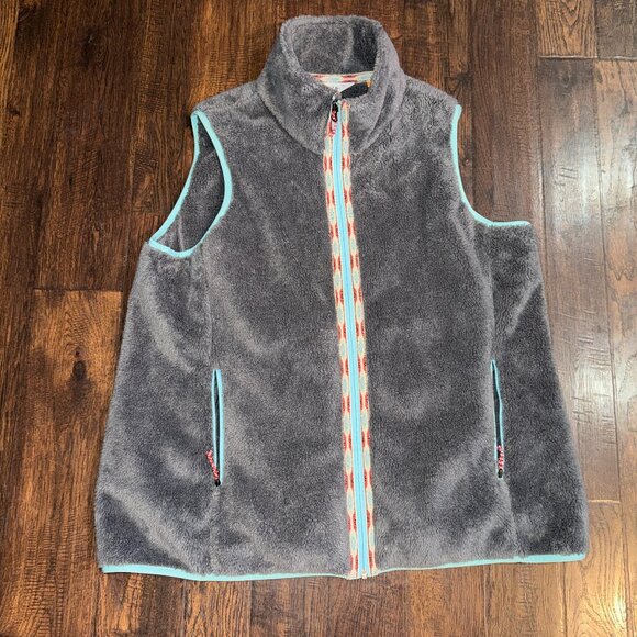 Orvis Jackets & Blazers - Orvis Wmn L Gray Sherpa Fleece Full Zip Vest Teal Red Trim Aztec Tapestry Rodeo